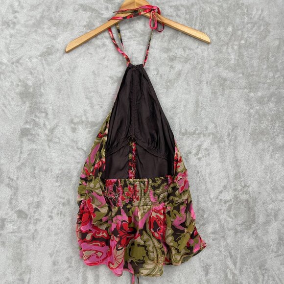 Free People Kyle Printed Chiffon Pink Green Floral Smocked Ruched Top - Picture 5 of 11